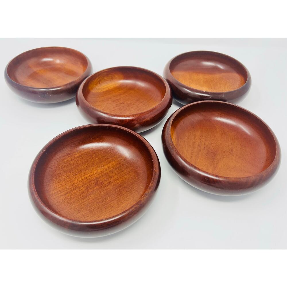 Vintage Solid Mahogany Hand Crafted Turned Wood Salad Bowls Set of 5 Haiti - Picture 2 of 6